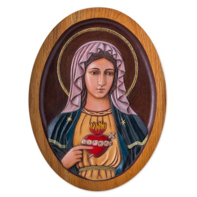 Cedar relief panel, 'Mary's Heart' - Virgin Mary's Heart Christian Wall Art Cedar Wood Panel
