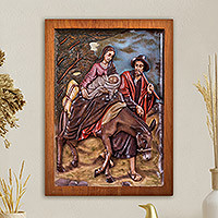 Cedar relief panel, 'Escape to Egypt' - Christian Wall Art Cedar Panel of Holy Family Flees to Egypt