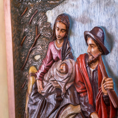 Reliefplatte aus Zedernholz - Christliche Wandkunst aus Zedernholz mit der Darstellung der Heiligen Familie fliegt nach Ägypten