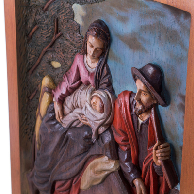Panel en relieve de cedro - Arte mural cristiano Panel de cedro de la Sagrada Familia huye a Egipto