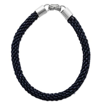 Braided leather bracelet, 'Peruvian Braid' - Sterling Silver Leather Braided Bracelet from Peru