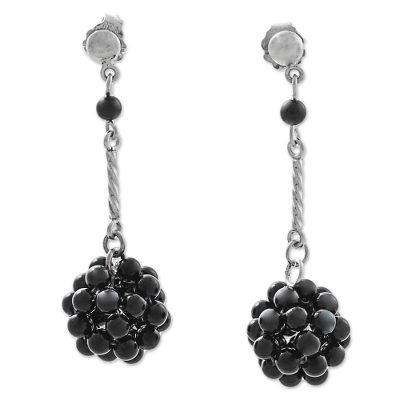 Onyx dangle earrings, 'Black Mystery' - Onyx Cluster Dangle Earrings from Peru