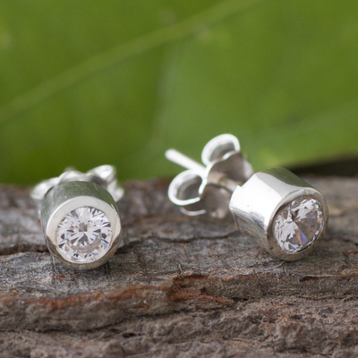Cubic zirconia stud earrings, 'Dots of Light' - Sparkling Silver and Cubic Zirconia Stud Earrings from Peru