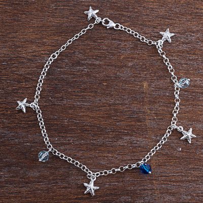 Sterling silver charm anklet, 'Stars of the Sea' - Cubic Zirconia and Sterling Silver Charm Anklet from Peru