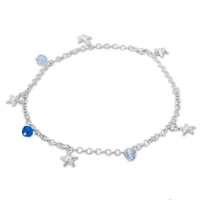Sterling silver charm anklet, 'Stars of the Sea' - Cubic Zirconia and Sterling Silver Charm Anklet from Peru