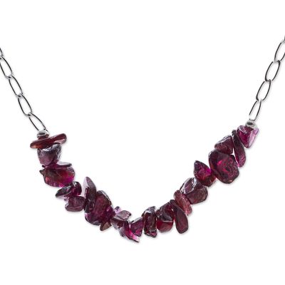 Garnet beaded necklace, 'Garnet Treasures' - Garnet and Sterling Silver Beaded Necklace from Peru