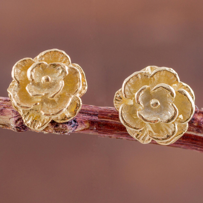 Gold plated stud earrings, 'Blooming Flowers' - Gold Plated Silver Stud Earrings Floral Shapes from Peru