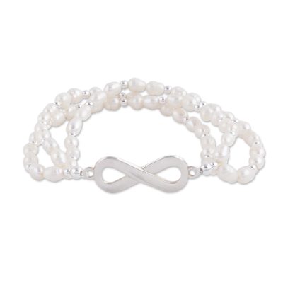 Cultured pearl stretch bracelet, 'Beaded Infinity' - Cultured Pearl Silver Beaded Bracelet Infinity from Peru