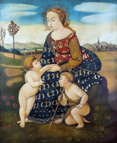 'Heilige Familie mit Johannes' - Öl auf Leinwand Madonna-Gemälde mit Jesus und Johannes