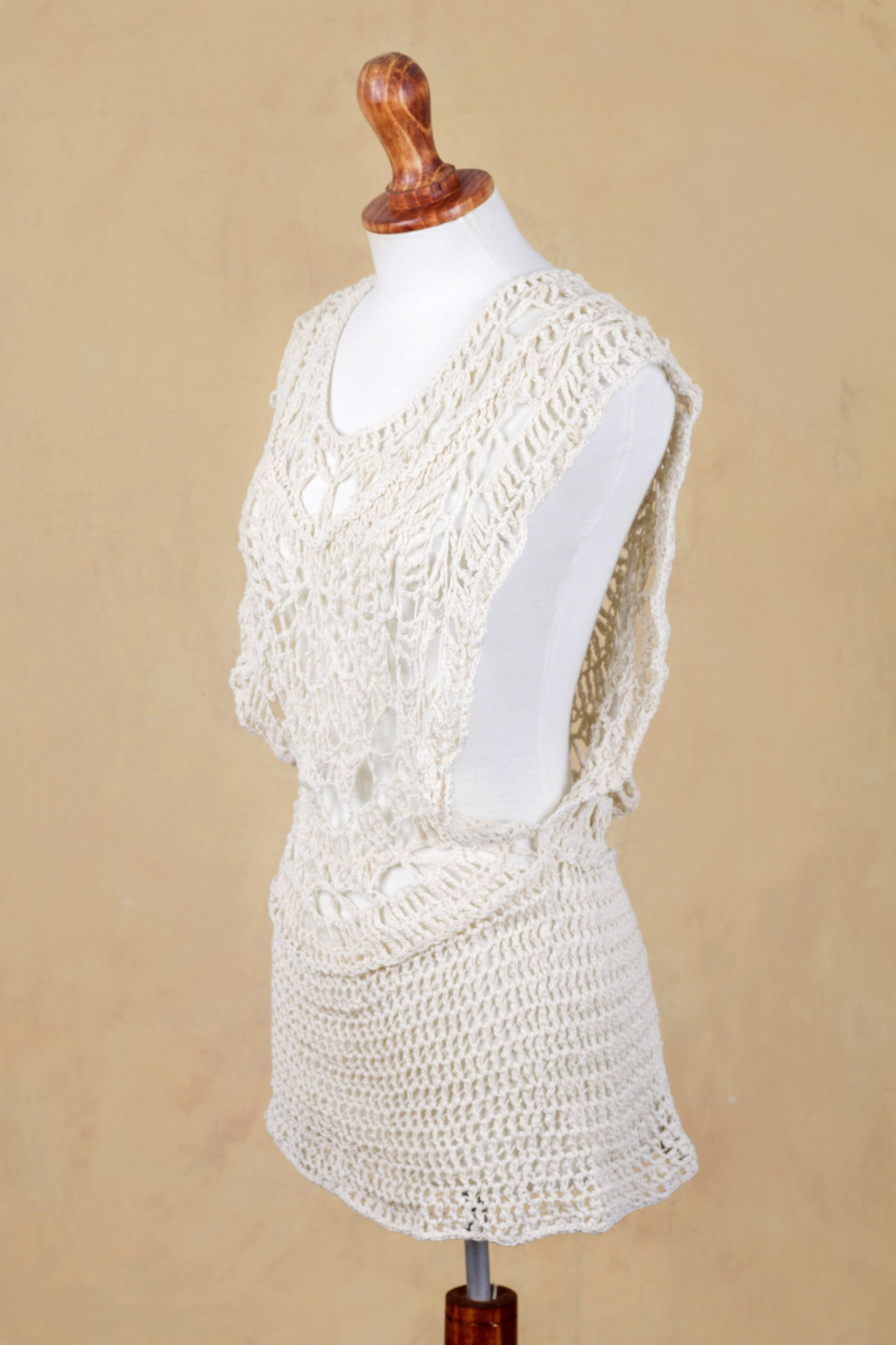 Hand Crocheted Tunic Vest in Light Beige Cotton - Arequipa Alabaster ...