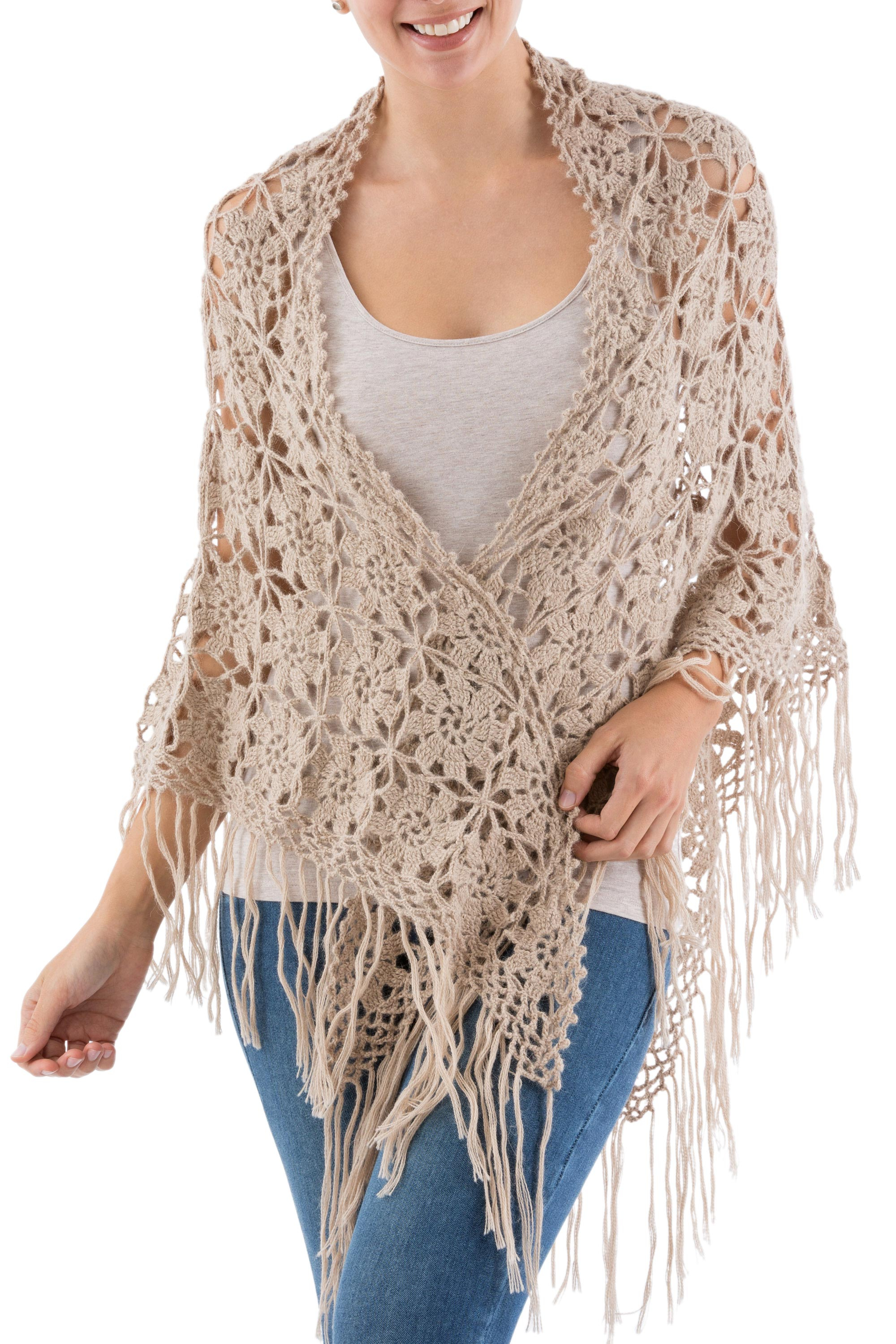 Hand Crocheted 100% Alpaca Shawl with Fringes from Peru - Andean Flower ...