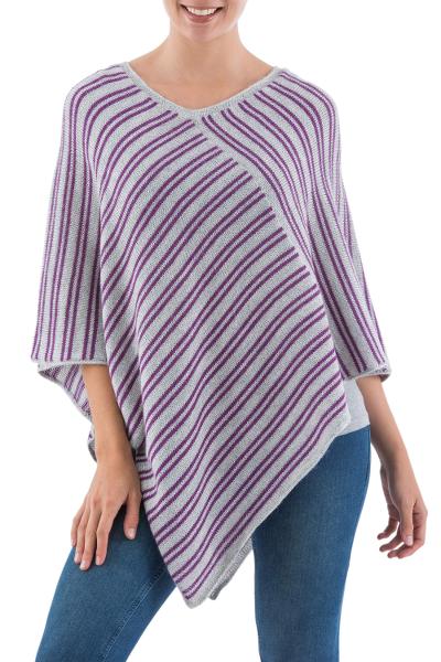 Alpaca blend poncho, 'Pearl Grey Mariner' - Knit Alpaca Blend Striped Poncho in Pearl Grey from Peru