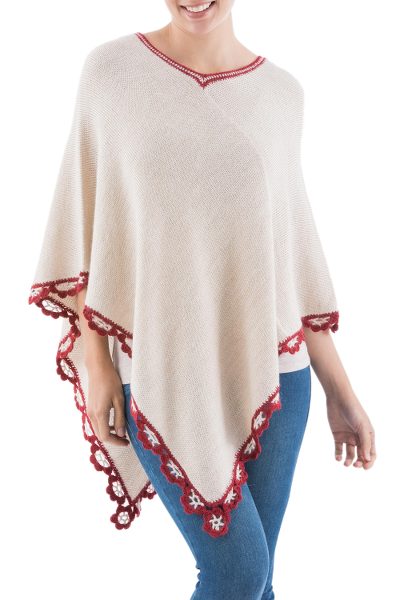 Alpaca blend poncho, 'Peruvian Ruby' - Alpaca Blend Poncho in Ecru and Ruby from Peru