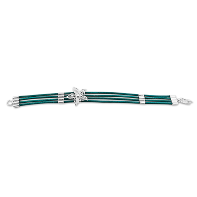 Armband mit Anhänger aus Sterlingsilber und Leder - Armband mit Blumenanhänger aus Sterlingsilber und grünem Leder