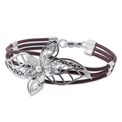 Sterling silver filigree pendant bracelet, 'Florid Lily in Brown' - Sterling Silver and Brown Leather Flower Bracelet