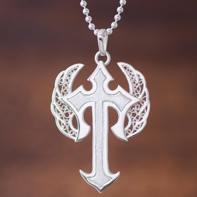 Sterling silver filigree pendant necklace, 'Winged Cross' - Sterling Silver Pendant Necklace Cross from Peru
