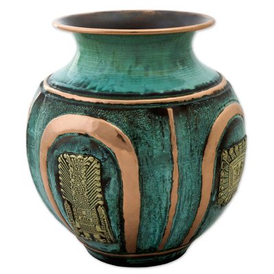 Copper and bronze decorative vase, 'Pre-Inca Character' - Copper and Bronze Pre-Incan Decorative Vase Green from Peru