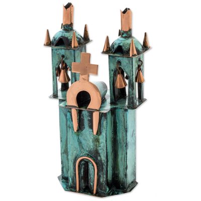 Copper and bronze sculpture, 'Ayacucho Church' - Copper and Bronze Sculpture of a Church Green from Peru