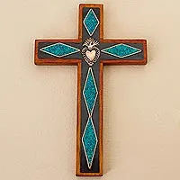 Chrysocolla and copper wall cross, 'Chrysocolla Cross' - Chrysocolla Copper Bronze Wood Cross Wall Decor from Peru