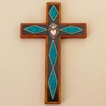 Chrysocolla and copper wall cross, 'Chrysocolla Cross' - Chrysocolla Copper Bronze Wood Cross Wall Decor from Peru