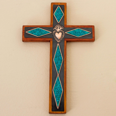 Chrysocolla and copper wall cross, 'Chrysocolla Cross' - Chrysocolla Copper Bronze Wood Cross Wall Decor from Peru