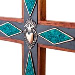 Chrysocolla and copper wall cross, 'Chrysocolla Cross' - Chrysocolla Copper Bronze Wood Cross Wall Decor from Peru