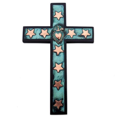 Bronze, copper and wood wall cross, 'Starry Sacred Heart' - Copper Bronze Wood Wall Decor Cross Heart Stars from Peru