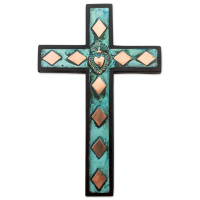 Copper, bronze and wood wall cross, 'Rhombus Sacred Heart' - Copper Bronze Wood Wall Decor Cross Heart from Peru