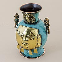 Copper and bronze decorative vase, 'Chancay Face' - Copper and Bronze Decorative Chancay Vase from Peru