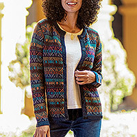 strickjacke aus 100 % Alpaka, „Diamond Variety“ – Mehrfarbige Strickjacke aus 100 % Alpakawolle mit Knöpfen