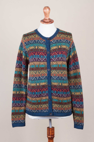 100% alpaca cardigan, 'Diamond Variety' - 100% Alpaca Wool Multicolor Cardigan with Buttons