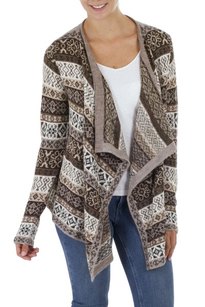 100% alpaca cardigan, 'Espresso Trails' - 100% alpaca Wool Cardigan in Espresso and Ivory from Peru