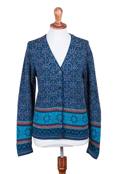 100% alpaca cardigan, 'Soft Azure' - 100% Alpaca Wool Cardigan in Azure and Smoke from Peru