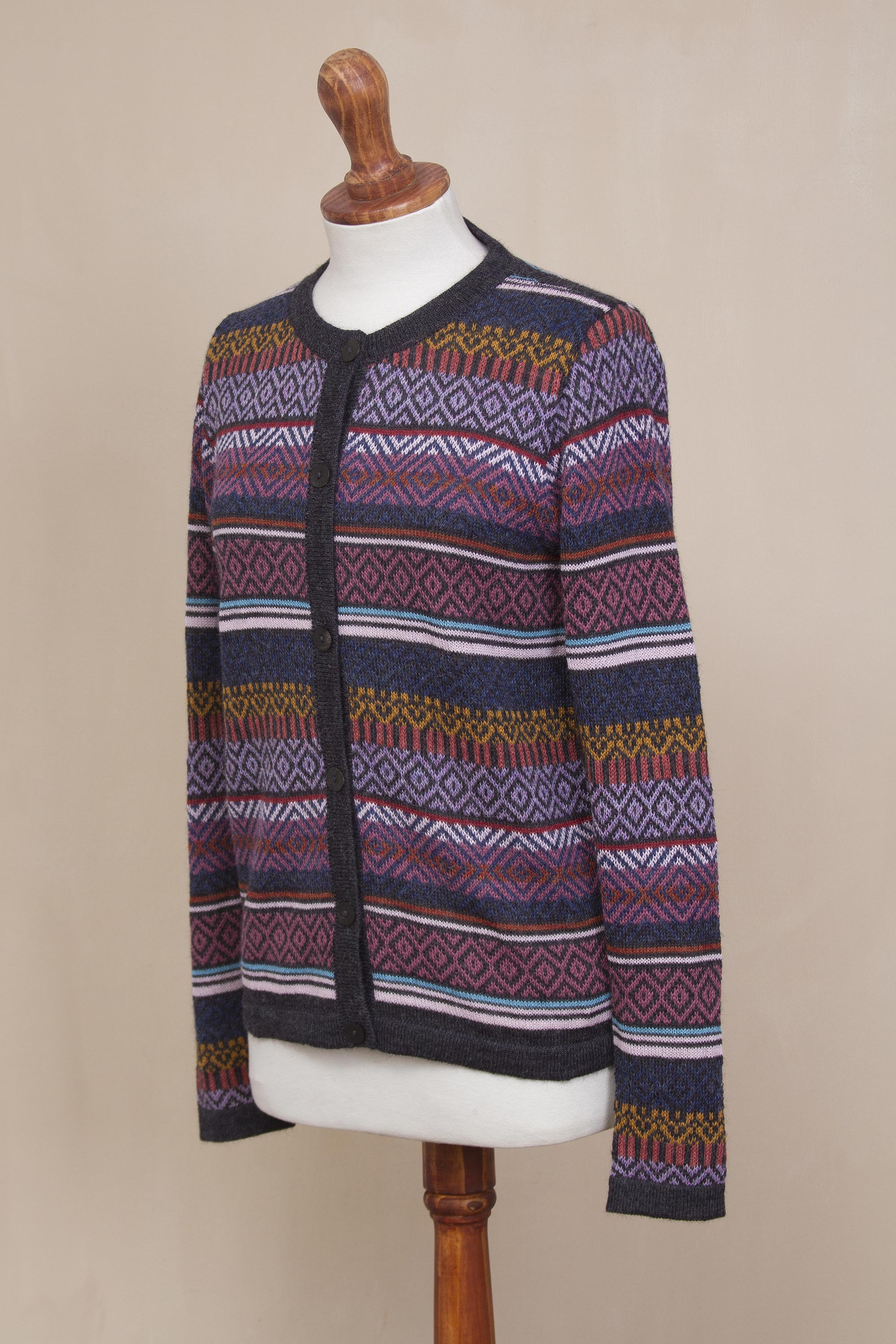 Multicolored 100% Alpaca Cardigan with Wood Buttons - Vibrant Life | NOVICA