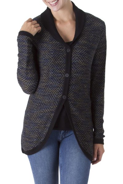 100% alpaca cardigan, 'Textured Andes in Black' - 100% Alpaca Wool Patterned Cardigan Black and Iris from Peru