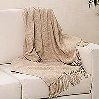 Throw blanket, 'Sandy Passion' - Alpaca Acrylic Blend Throw Blanket in Sand from Peru