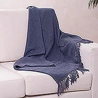 Throw blanket, 'Puno Traditions in Blue' - Alpaca and AcrylicThrow Blanket with Fringe in Denim Blue