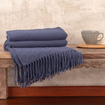 Throw blanket, 'Puno Traditions in Blue' - Alpaca and AcrylicThrow Blanket with Fringe in Denim Blue