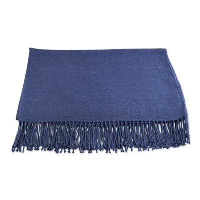Throw blanket, 'Puno Traditions in Blue' - Alpaca and AcrylicThrow Blanket with Fringe in Denim Blue