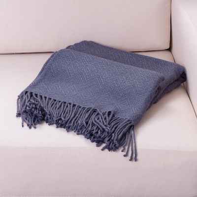 Throw blanket, 'Puno Traditions in Blue' - Alpaca and AcrylicThrow Blanket with Fringe in Denim Blue