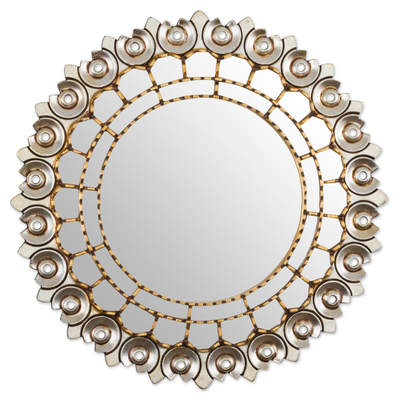 Mohena wood wall mirror, 'Peruvian Lily' - Antiqued Round Mohena Wood Wall Mirror from Peru