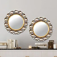 Mohena wood wall mirrors, 'Golden Fleur de Lis' (pair) - Pair of Mohena Wood Wall Mirrors with Bronze Leaf from Peru