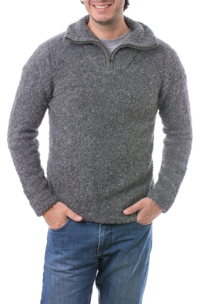 Men's alpaca blend sweater, 'Stone Grey' - Men's Alpaca Blend Grey Sweater with Zipper Collar from Peru