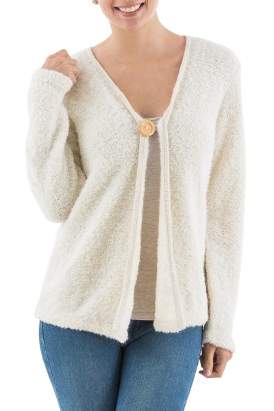 Alpaca blend boucle cardigan, 'Antique White' - Artisan Crafted Alpaca Blend Boucle Cardigan from Peru