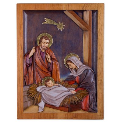 Cedar relief panel, 'Birth of Jesus under the Star' - Cedar Wall Relief Panel of Nativity Scene from Peru