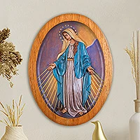 Cedar relief panel, 'Virgin of the Miraculous Medal' - Cedar Wall Relief Panel of the Virgin Mary from Peru