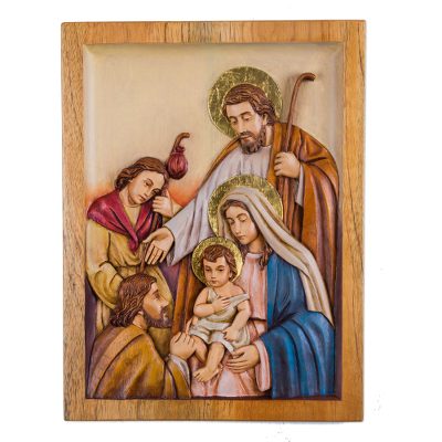 Cedar relief panel, 'Holy Family with Shepherds' - Peruvian Cedar Wall Relief Panel of the Holy Family