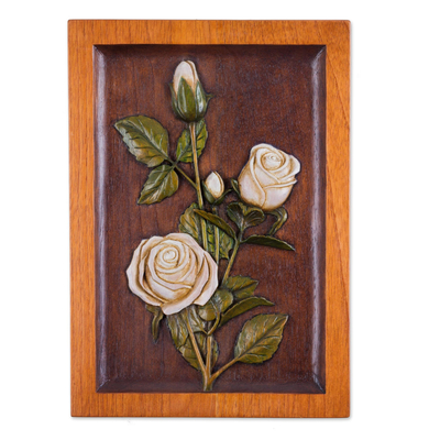 Cedar relief panel, 'The White Rose' - Handcrafted Cedar Wall Relief Panel of Roses from Peru