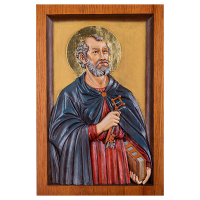 Cedar relief panel, 'Saint Peter the Apostle' - Cedar Wood Wall Relief Panel of Saint Peter from Peru