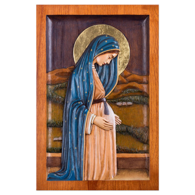 Cedar relief panel, 'Pregnant Virgin of Guadalupe' - Cedar Wood Wall Relief Panel of the Virgin of Guadalupe